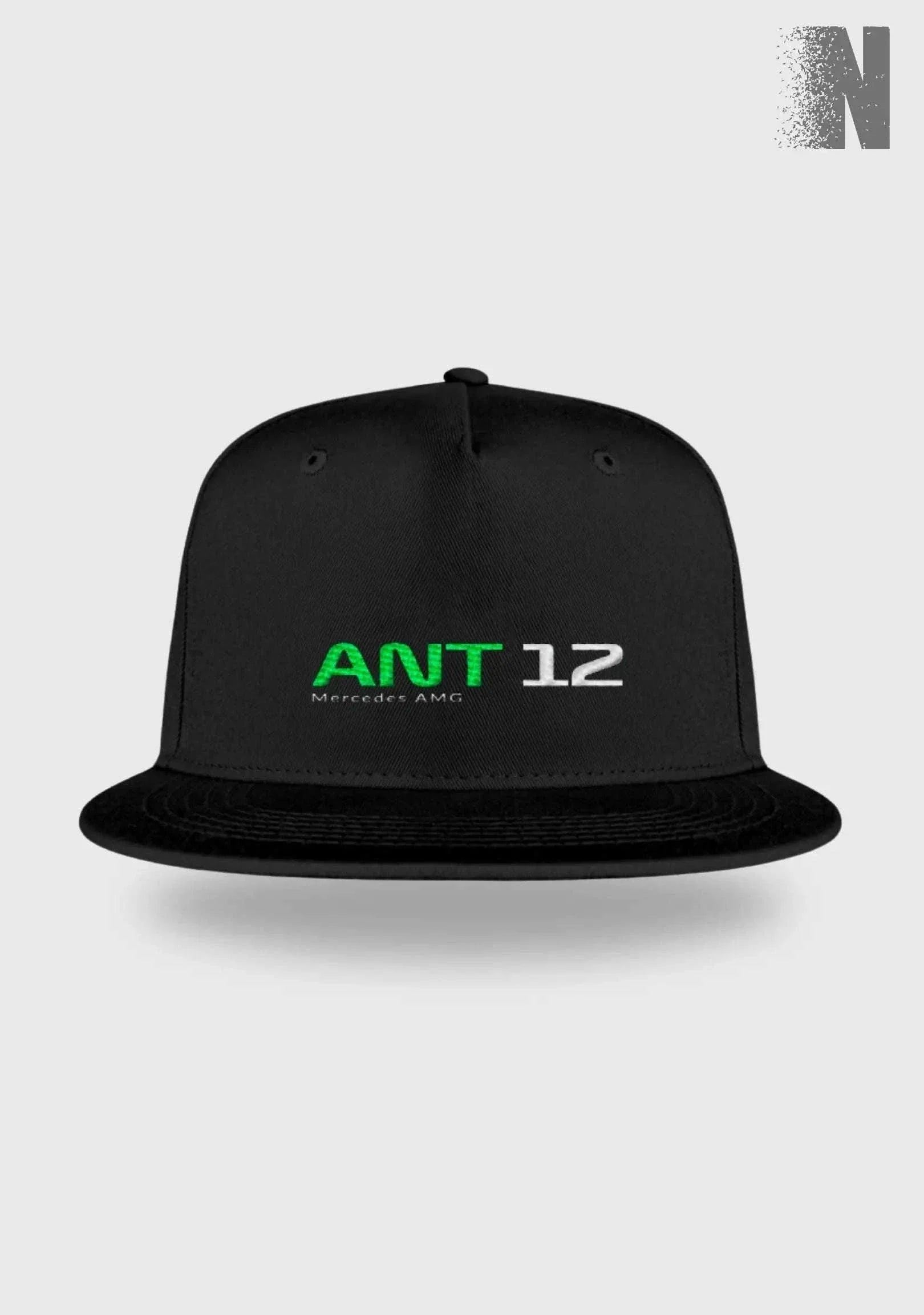Image of Black Racer’s Lounge Snapback cap with green and white ANT 12 Mercedes AMG embroidery, 5-panel design with snapback closure.